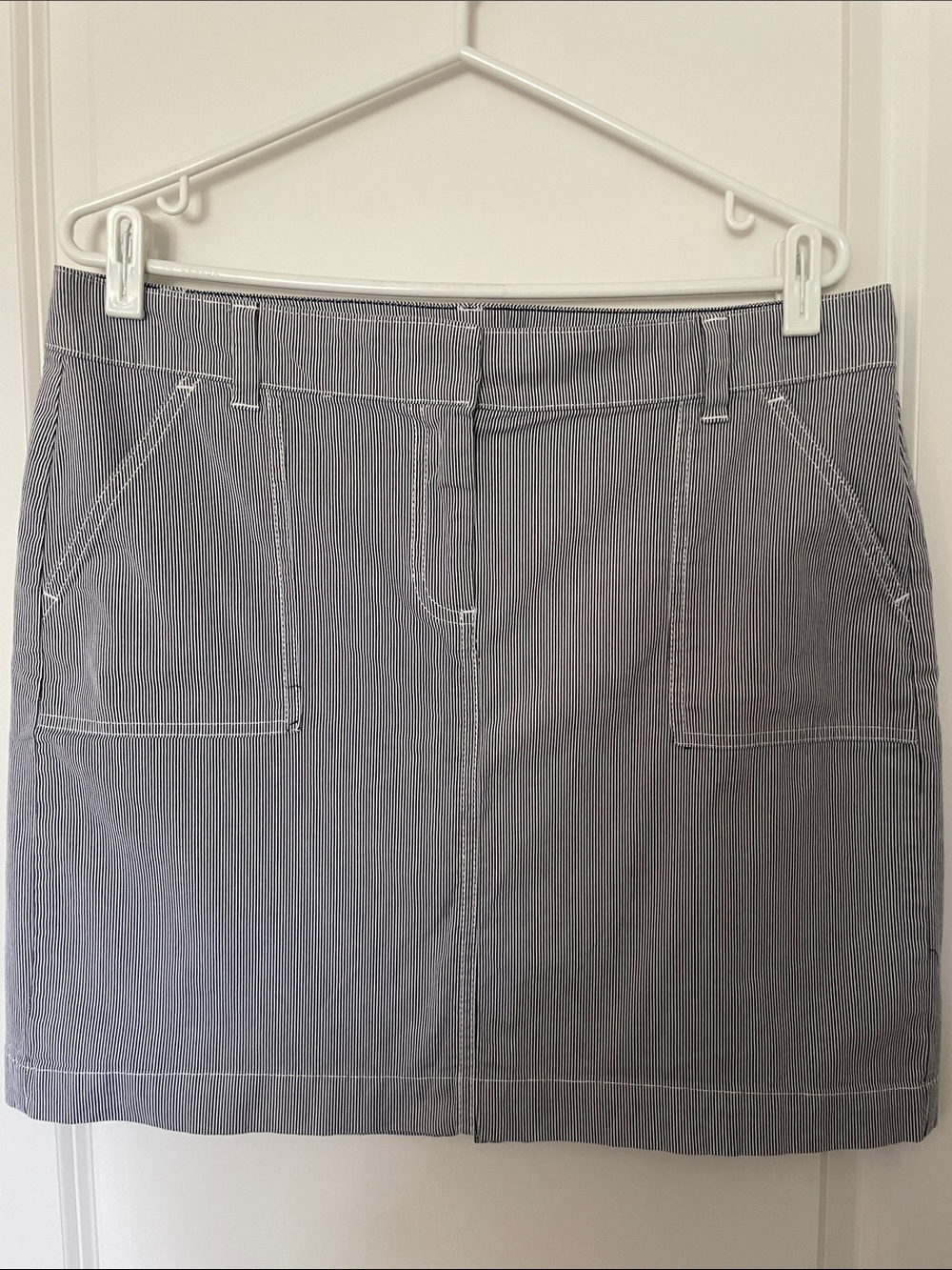 Striped Mini Skirt with Front Patch Pockets in Blue & White